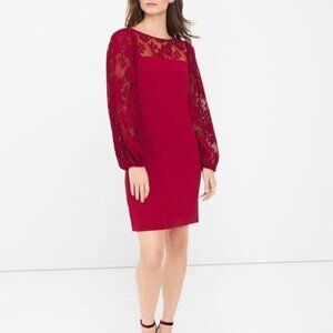 White House Black Market WHBM Womens Lace Sleeve Shift Dress Burgundy size 14